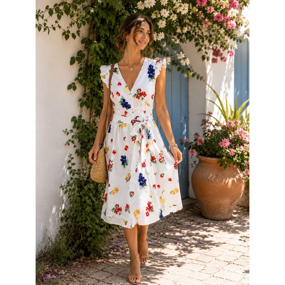 Wayward Fancies Fruit Tie waist Dress eShakti White Medium Midi Cottagecore